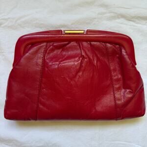 Vintage Red Leather Clutch Hong Kong Acrylic Snap Top Gold Detail EUC Retro Glam